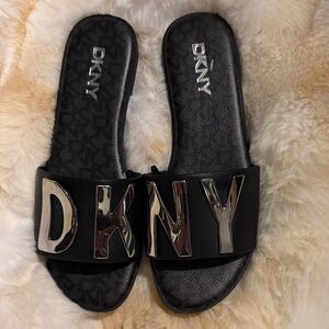 DKNY Black and Silver Slide Sandals